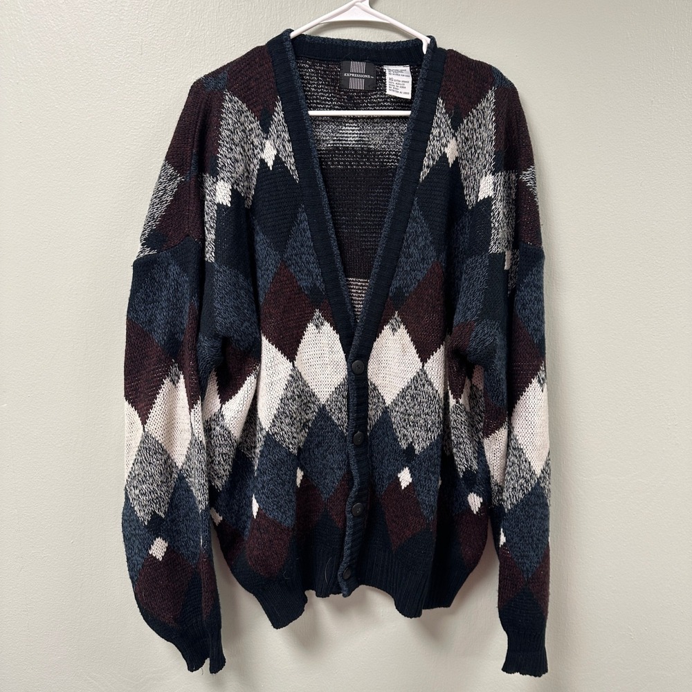 Vintage Expressions Mens Argyle Cardigan Grandpa Sweater Navy Blue Burgundy XL